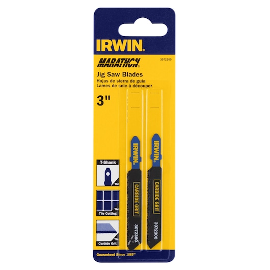 IRWIN 3072300 jig saw blades, 3 inch, carbide grit, T-shank, tile cutting, two-pack, front angle on white background.