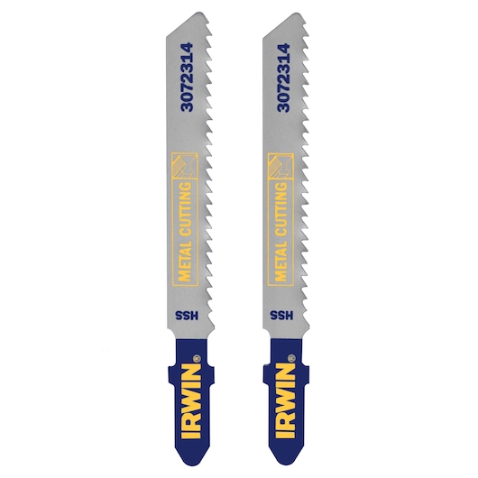 IRWIN 3072314 metal cutting jigsaw blades, silver with blue and yellow text, front view, two pieces.