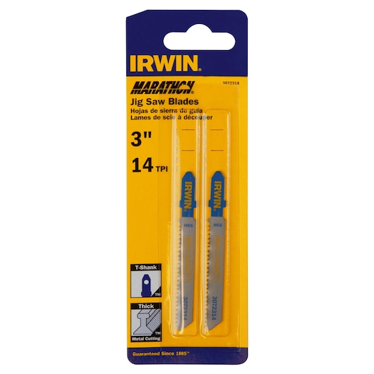 IRWIN 3072314 jig saw blades pack, yellow and blue packaging, 3 inch, 14 TPI, two metal cutting blades front view.