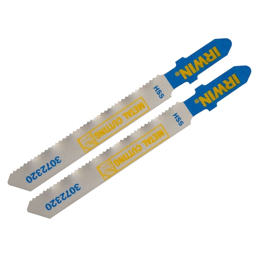 IRWIN 3072320 metal cutting jigsaw blades, blue and silver, front angle, white background.