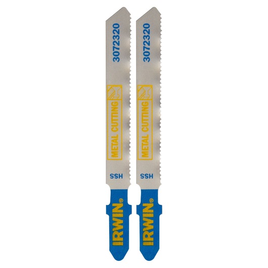IRWIN 3072320 metal cutting jigsaw blades, silver with blue and yellow labels, front view, product photography.