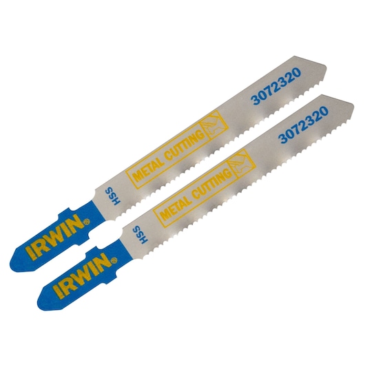 IRWIN metal cutting jigsaw blades, SKU 3072320, photography on white background, blue and silver color.