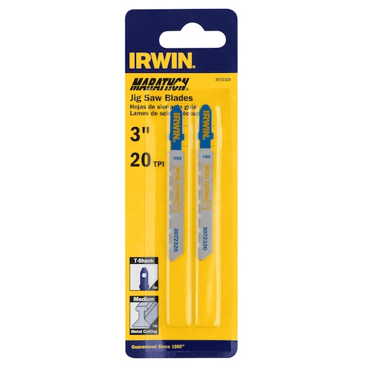 IRWIN 3072320 jig saw blades, 3 inch, 20 TPI, T-shank, for medium metal cutting, two-pack, front packaging photo.