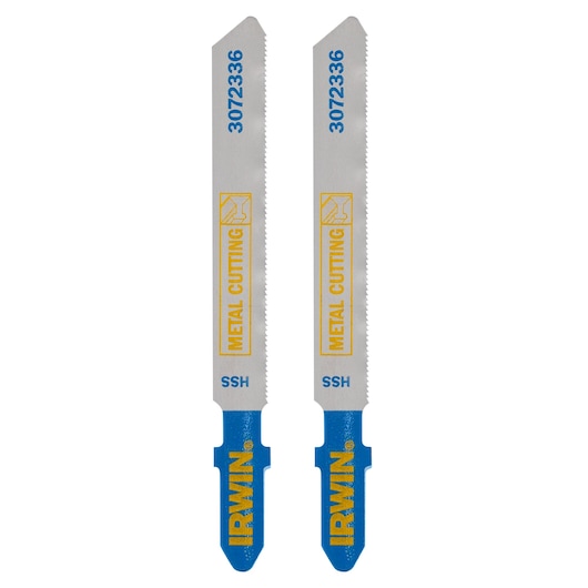 IRWIN metal cutting jigsaw blades SKU 3072336, set of two, silver with blue and yellow branding, front angle.