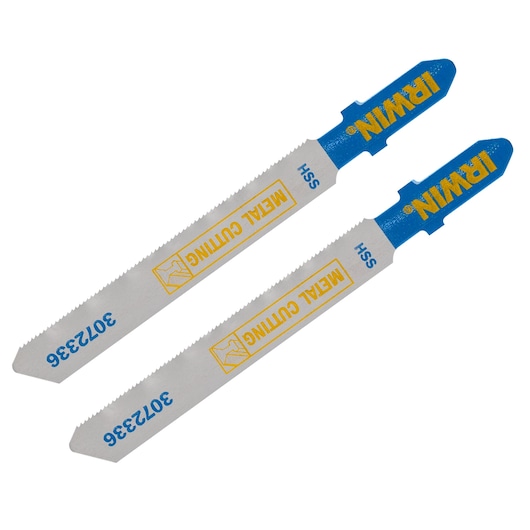 IRWIN metal cutting jigsaw blades with blue and yellow accents, SKU 3072336, photography on white background.