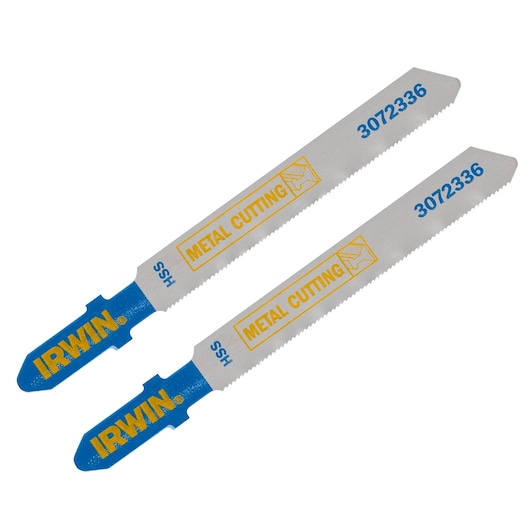 Photo of two IRWIN metal cutting saw blades, SKU 3072336, with blue handles and yellow branding, flat angle.