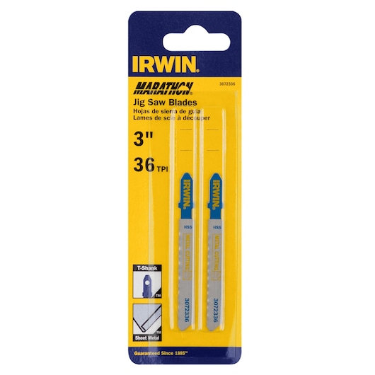 IRWIN 3072336 jig saw blades 3 inch 36 TPI for metal cutting, two-pack in retail packaging, front view.