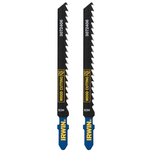 IRWIN 3072406 wood cutting jigsaw blades, black with blue and yellow accents, front angle on white.