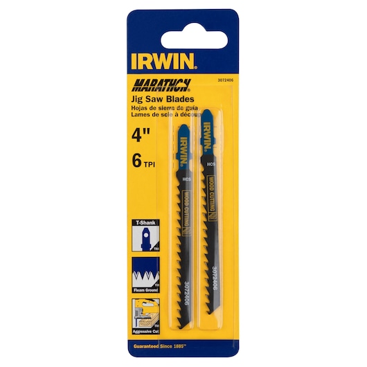 IRWIN 3072406 jig saw blades pack, 4 inch, 6 TPI, wood cutting, T-shank, front view on white background.