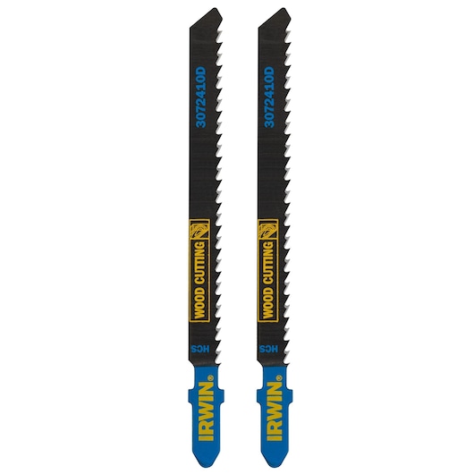 IRWIN 3072410D wood cutting jigsaw blades, black and blue, front angle, pack of two.