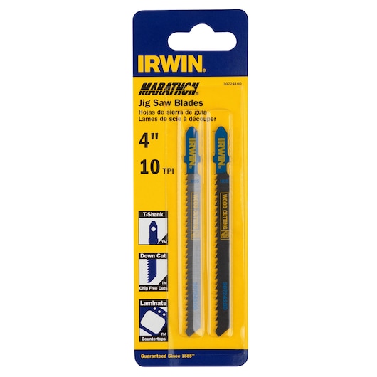 IRWIN 3072410D jig saw blades, 4 inch, 10 TPI, two-piece set in yellow packaging, front angle.