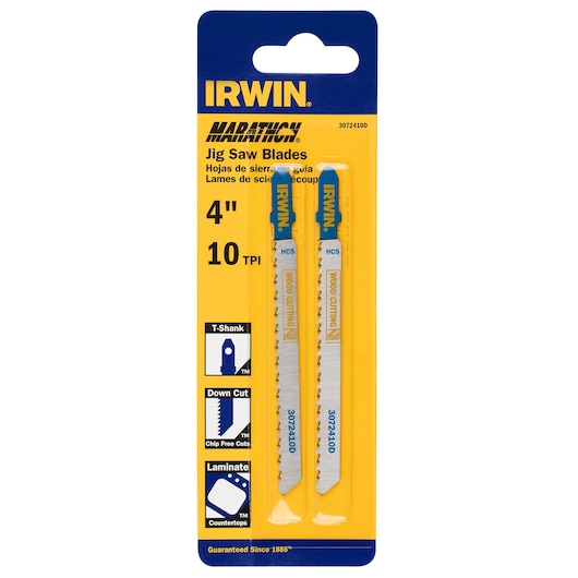 IRWIN 3072410D jig saw blades pack, 4 inch, 10 TPI, T-shank, two silver blades with blue and yellow accents in packaging, front angle.