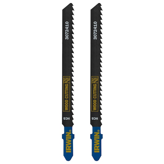 IRWIN wood cutting jigsaw blades 3072410, black with blue tips, front view, two pieces on white background.