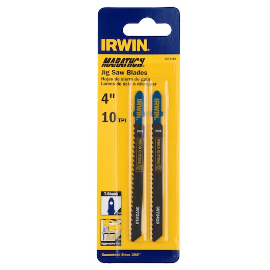 IRWIN 3072410 jig saw blades, 4 inch, 10 TPI, wood cutting, T-shank, two-pack, front angle on white background.