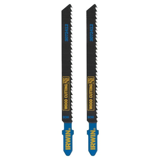 IRWIN 3072412 wood cutting jigsaw blades, front angle, black and blue color, set of two.