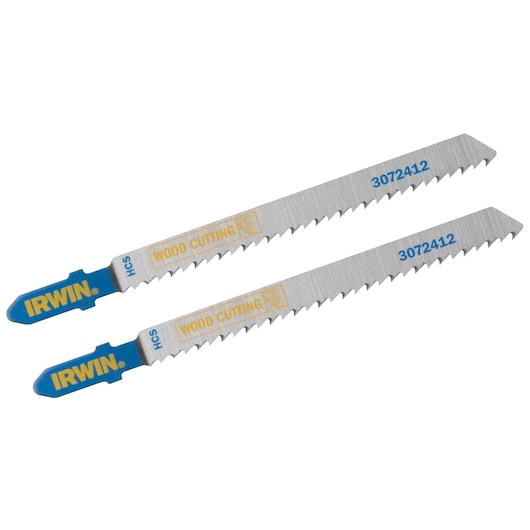 IRWIN 3072412 wood cutting jigsaw blades, silver with blue ends, side angle on white background.