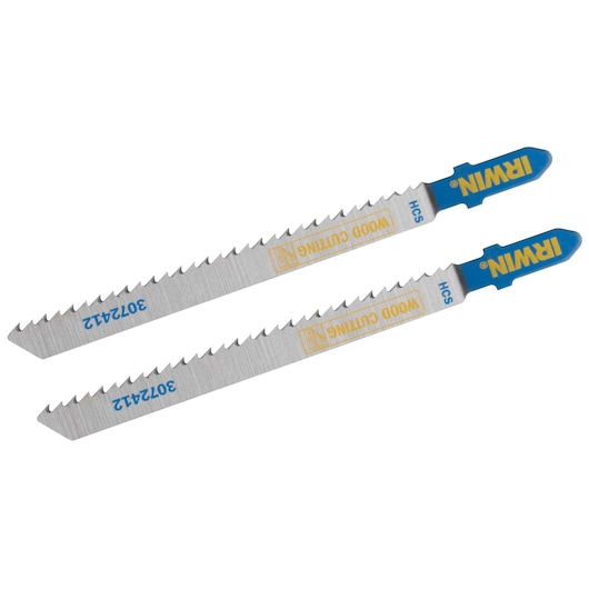IRWIN wood cutting jigsaw blades 3072412, silver with blue and yellow accents, side angle on white background.