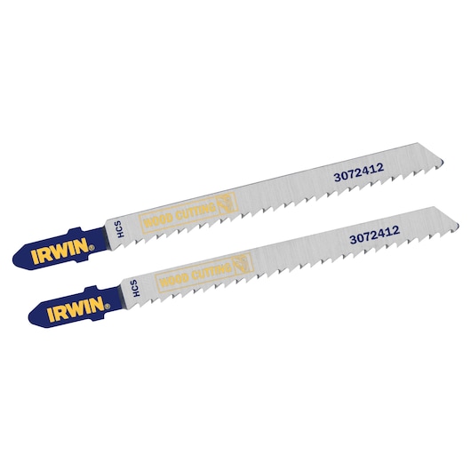 IRWIN wood cutting jigsaw blades SKU 3072412, two silver blades with blue ends, side angle on white background.