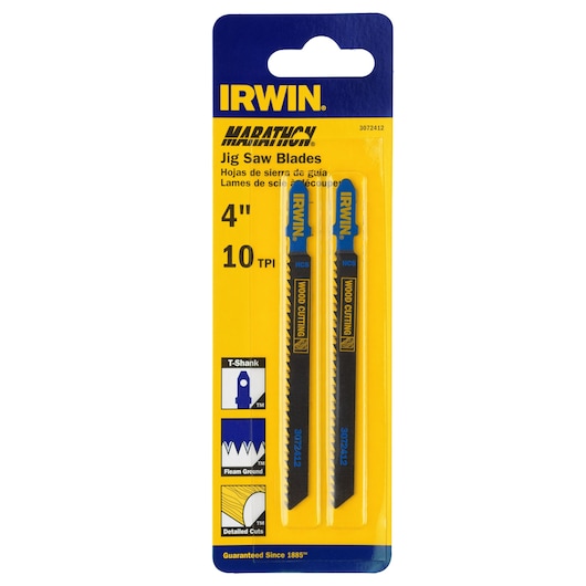 IRWIN 3072412 jig saw blades pack, 4 inch, 10 TPI, wood cutting, front view on white background.