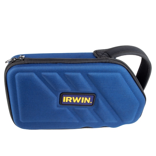 IRWIN 3073002 blue hard tool case with zipper and handle, front angle on white background.