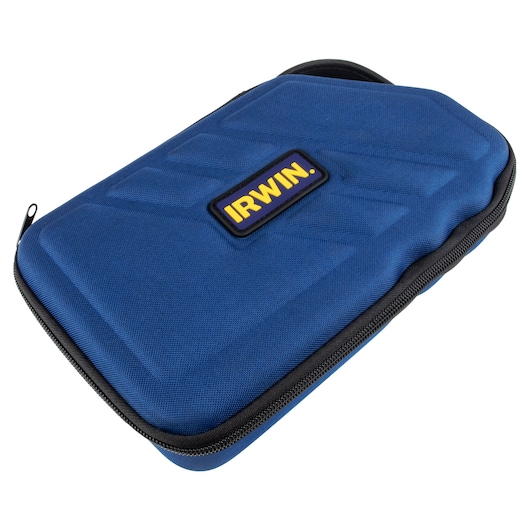 IRWIN blue hard-shell zippered tool bag, photography, SKU 3073002, angled view on white background.