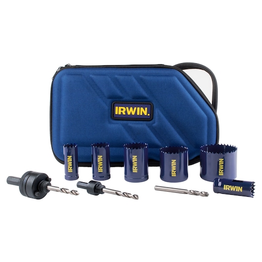 IRWIN 3073002 hole saw kit with blue case, seven hole saws, and two drill arbors front angle.