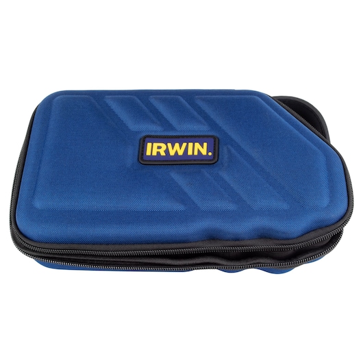 IRWIN 3073003 blue hard-shell tool case with zipper, top view, photography on white background.