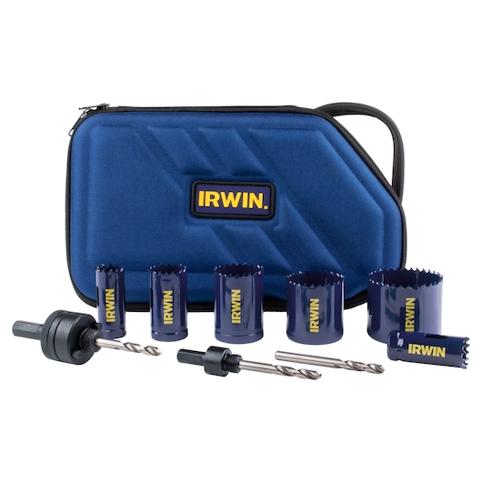 IRWIN 3073003 hole saw kit with blue carrying case, multiple saw blades and accessories, front angle.