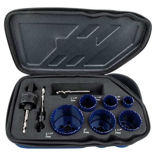 IRWIN 3073003 hole saw set with blue saws and drill bits in a black zippered carrying case, top angle.