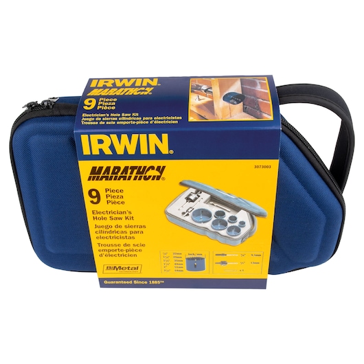 IRWIN 3073003 Electrician’s Hole Saw Kit, 9-piece, in blue carrying case, product photo on white background.