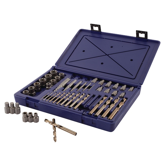 IRWIN drill bit and extractor set SKU 3101010, open blue case with metal bits and extractors, front angle.