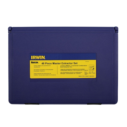 IRWIN 3101010 extractor set case, blue plastic, yellow label, photography of closed front angle.