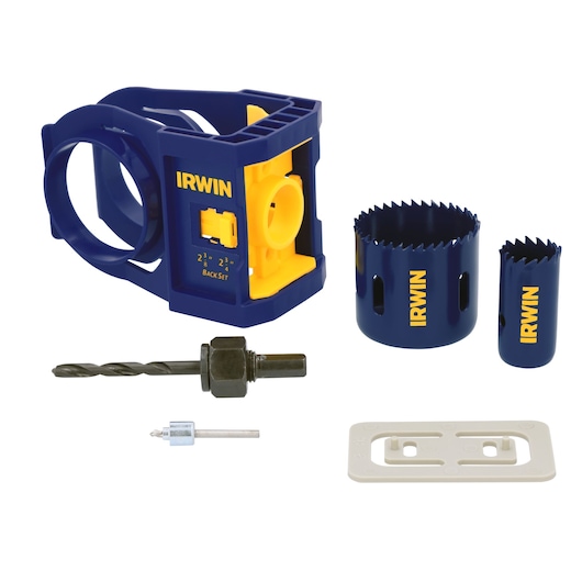 IRWIN 3111001 hole saw kit with blue and yellow guide, two saws, arbor, pilot bit, and template, front angle.