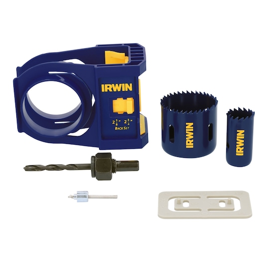 IRWIN 3111001 blue and yellow door lock installation kit with hole saws, drill bits, and guide on white background.