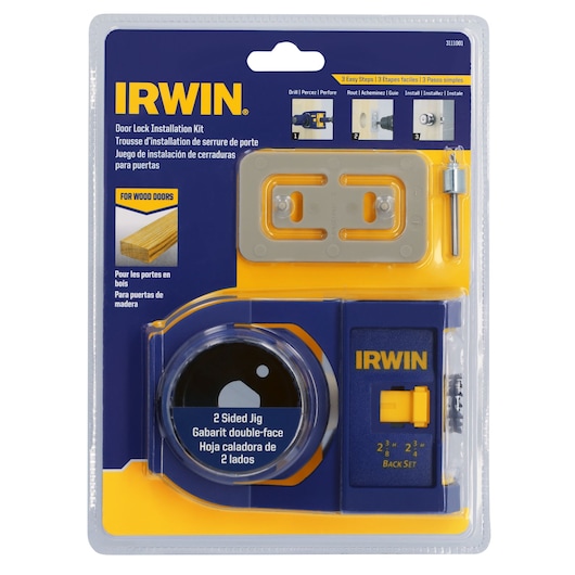 IRWIN 3111001 door lock installation kit in retail packaging, includes jig, drill bit, and guide for wood doors, front angle.