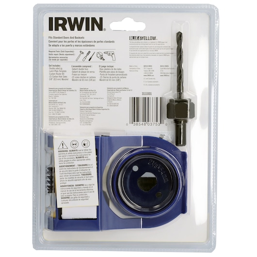 IRWIN door lock installation kit 3111001, blue plastic kit with drill bit, rear packaging view, photography.