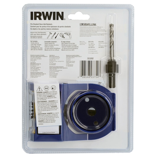 IRWIN 3111002 IRWIN Door Lock Installation Kit for Metal & Wooden Doors packaging rear view.