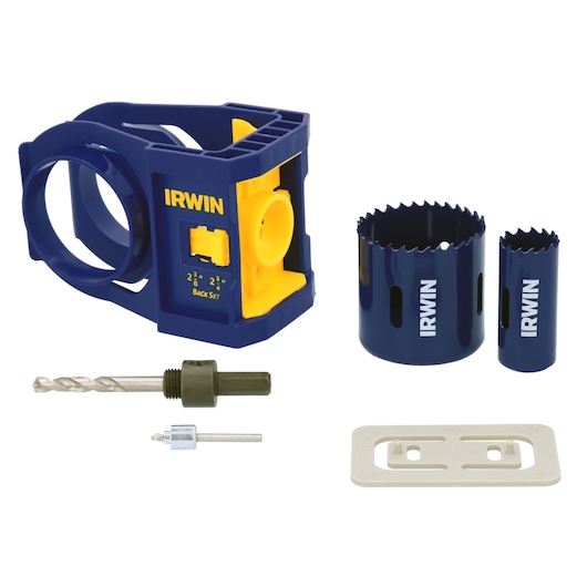 IRWIN 3111002 door lock installation kit with blue and yellow jig, hole saws, drill bits on white background.