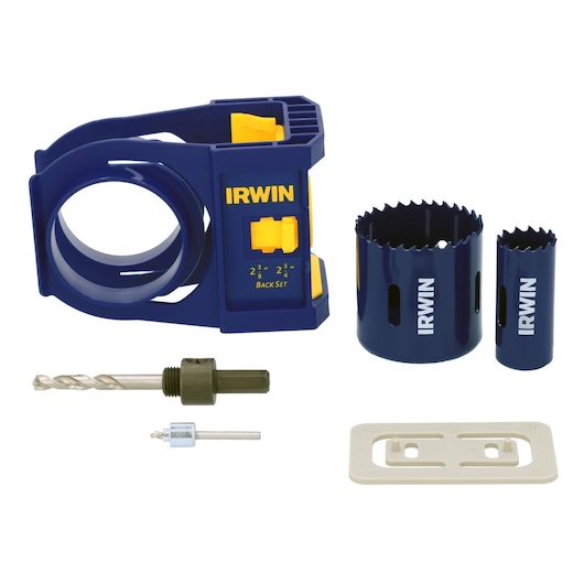 IRWIN hole saw kit SKU 3111002 with guide, saws, drill bits, and template shown on white background, front angle.