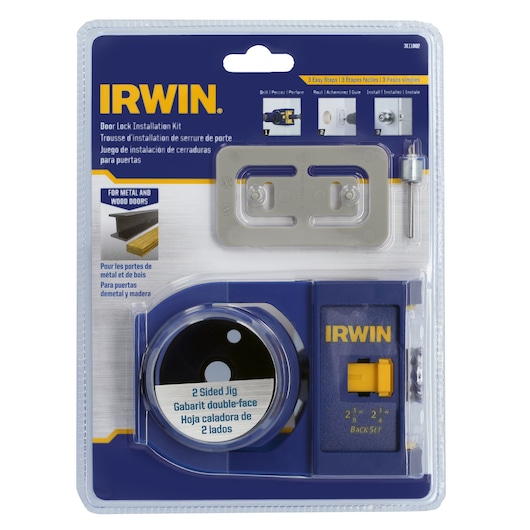 IRWIN 3111002 door lock installation kit in retail packaging, includes 2-sided jig, drill bit, and alignment plate, front angle.