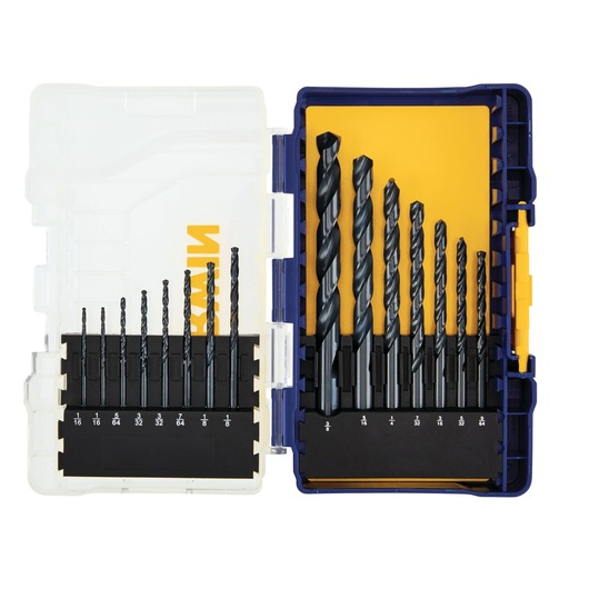 IRWIN 314015 drill bit set in blue and yellow plastic case, open to show multiple black drill bits arranged by size, top-down view.