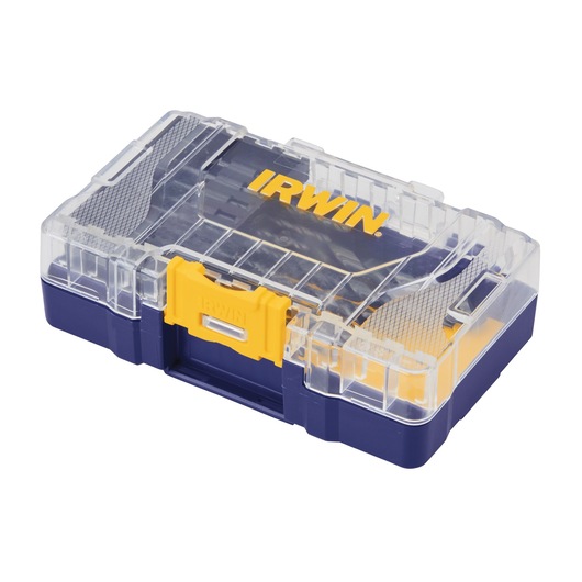 IRWIN 314015 tool organizer box, blue and clear plastic, yellow latch, front angle photo.