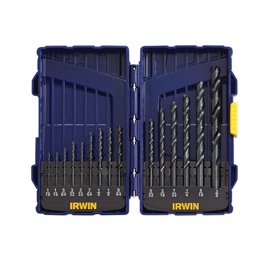 IRWIN drill bit set SKU 314015 in blue plastic case, front angle, showing assorted sizes and organized slots.