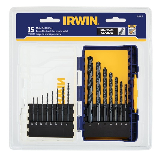 IRWIN 314015 metal drill bit set with 15 black oxide bits in case, front angle on white background.
