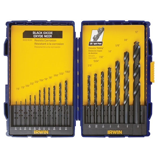 Photo of IRWIN 314018 black oxide drill bit set in open blue and yellow case, assorted sizes organized in slots, front angle.