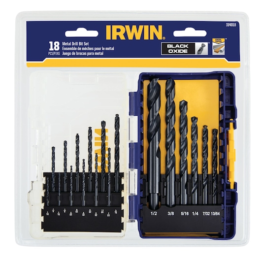 IRWIN 314018 metal drill bit set, 18-piece black oxide bits in plastic case, top-down angle.