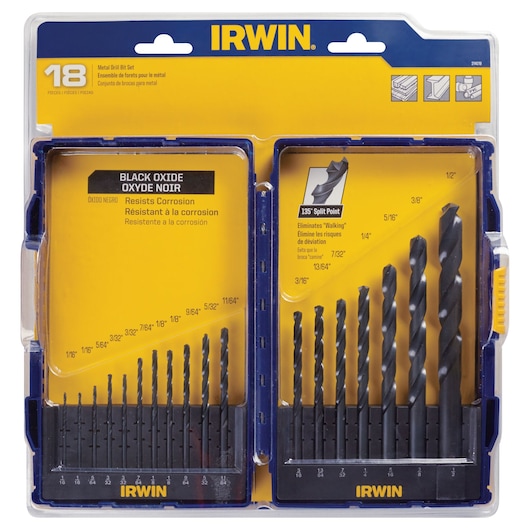 IRWIN 314018 metal drill bit set, 18 pieces in black oxide finish, arranged in plastic case, front angle.