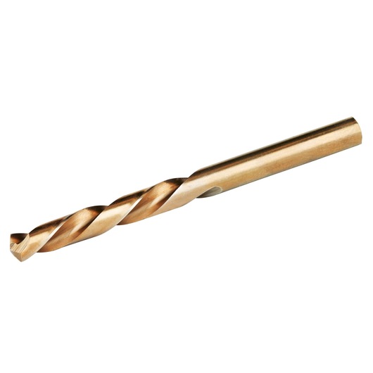IRWIN 31520 gold metal twist drill bit, side angle on white background.