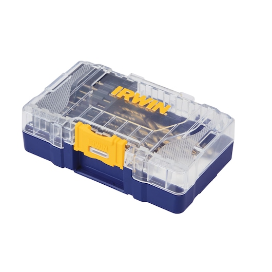 Photo of IRWIN 316015 tool storage box, blue base with clear lid and yellow latch, angled view on white background.