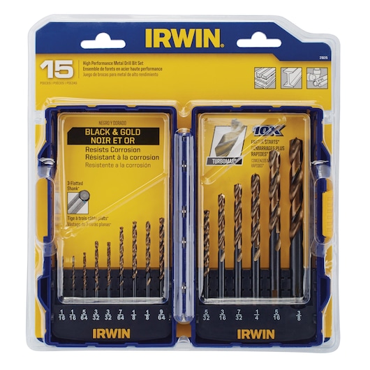 IRWIN 318015 metal drill bit set, 15-piece black and gold finish, flat shank, in plastic case, front angle.